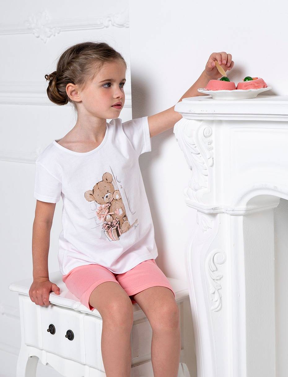 Pigiama Bimba Story Loris in cotone bianco e rosa con stampa orsetto 